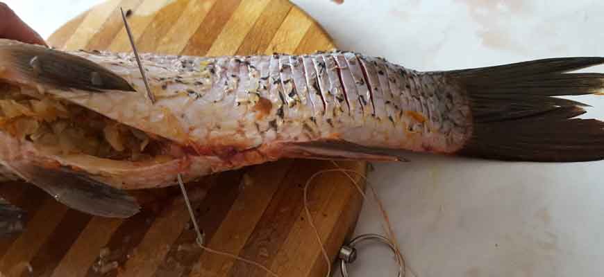Как зашить фаршированную рыбу